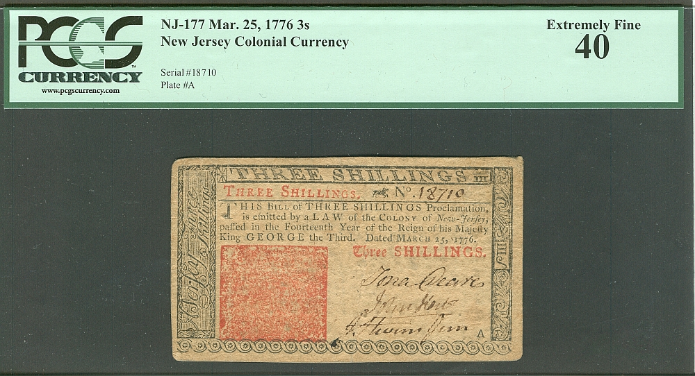 NJ-177 Colonial, 3 Shillings, March 25, 1776 - John Hart Signature, XF, PCGS-40, 18710